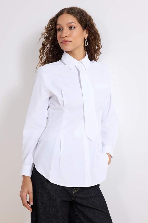Cotton Fabric Tie Detailed Woven Shirt - White