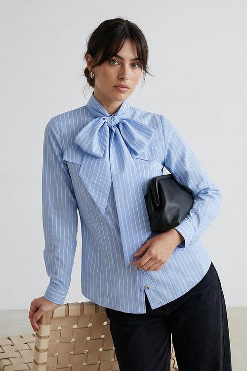 Striped Shawl Collar Detailed Shirt - Blue