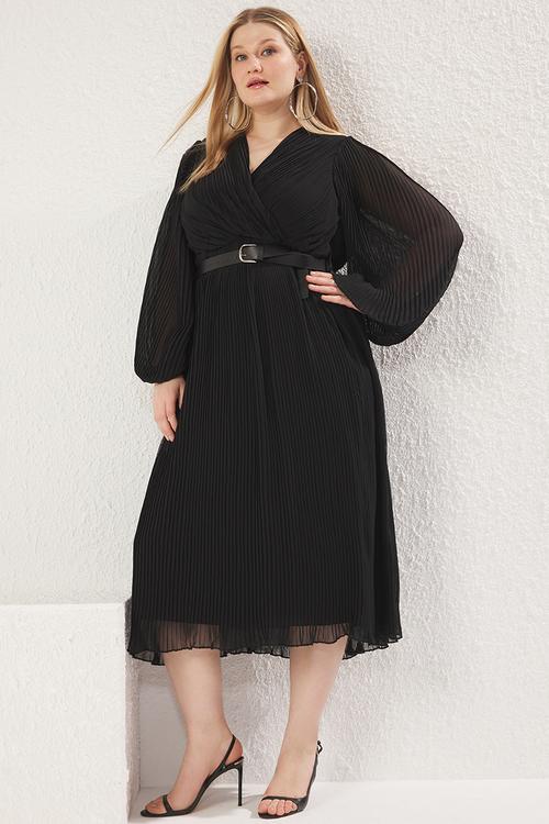 Plus Chiffon Pleated Belt Midi Woven Dress - Black