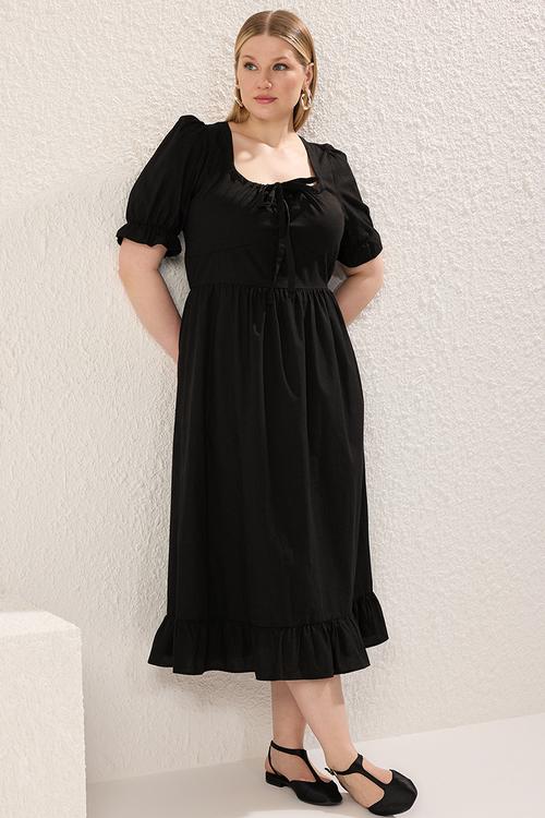 Plus Square Neck Back Tie Detail Woven Dress - Black