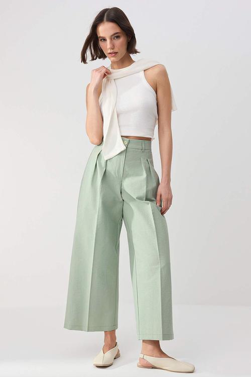 Gabardine Crop Wide Leg Pants - Light Khaki
