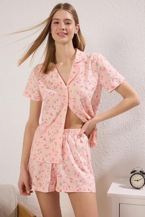 Floral print gingham pyjama set - pink