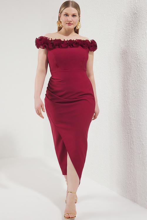 Plus Madonna Collar Frilly Slit Woven Large Size Dress - Burgundy