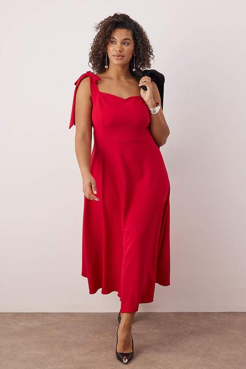 Plus A-Line Suspender Tie Detail Midi Woven Graduation Dress - Red