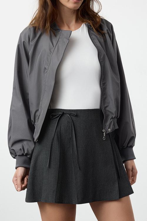 Pleated Mini Skirt with Ribbon Detail - Dark Anthracite