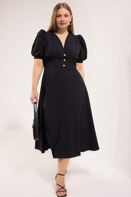 Plus V-Neck Balloon Sleeve Pearl Button Stylish Woven Dress - Black