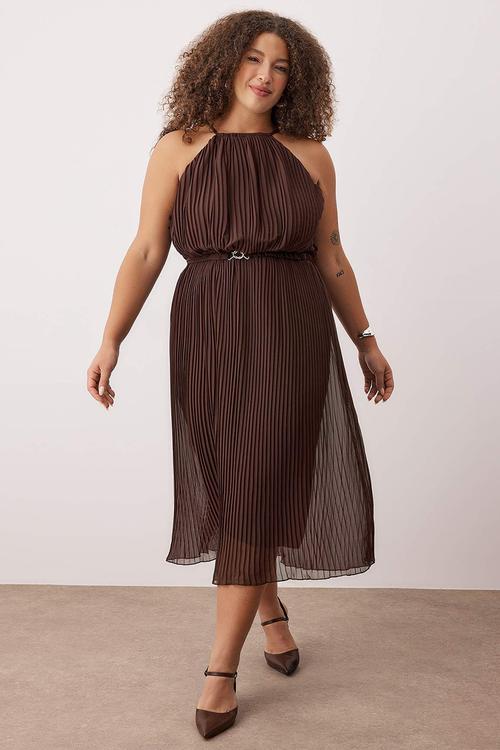 Plus Bodycon Maxi Length Chiffon Woven Dress - Brown