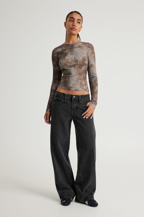 Fitted Long Sleeve Top - Grey Brown Tie Dye