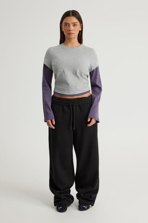 Layered Long Sleeve Top - Grey Marle/Jasmine Blue Stone Stripe