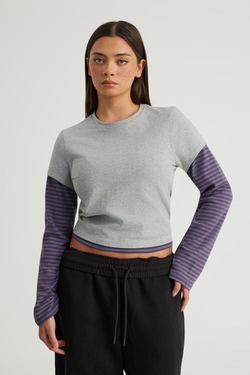 Layered Long Sleeve Top - Grey Marle/Jasmine Blue Stone Stripe