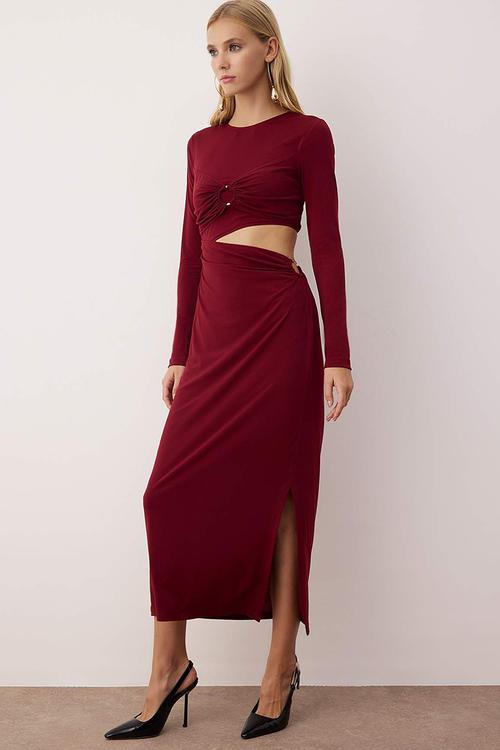 Accessory and Waist Cut-Out Detailed Knitted Dress - Burgundy
