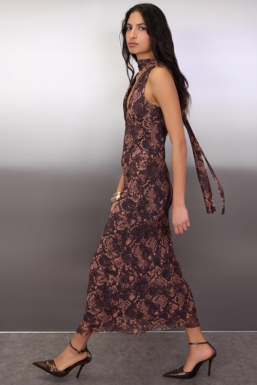 Animal Scarf Knitted Tulle Maxi Lined Dress - Multi