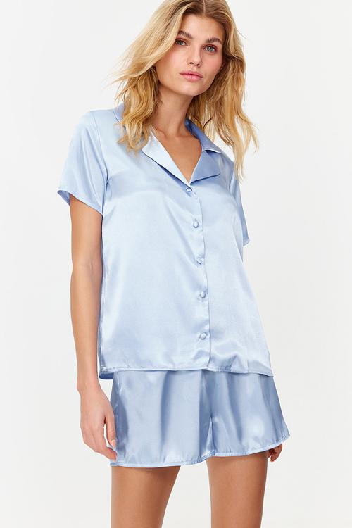 Satin shorts woven pajamas set - blue