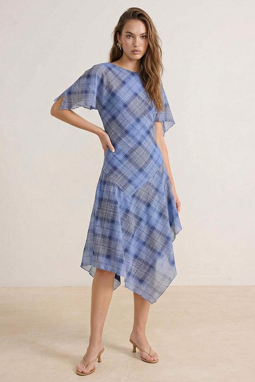 Plaid Angel Sleeve Flounced Midi Foam Knitted Dress - Blue