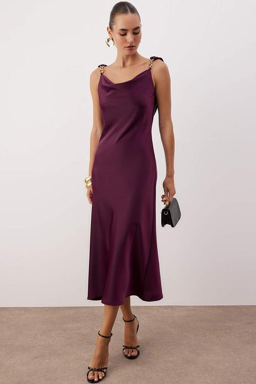 Plain Accessory Detailed Woven Satin Maxi Party Dress - Plum