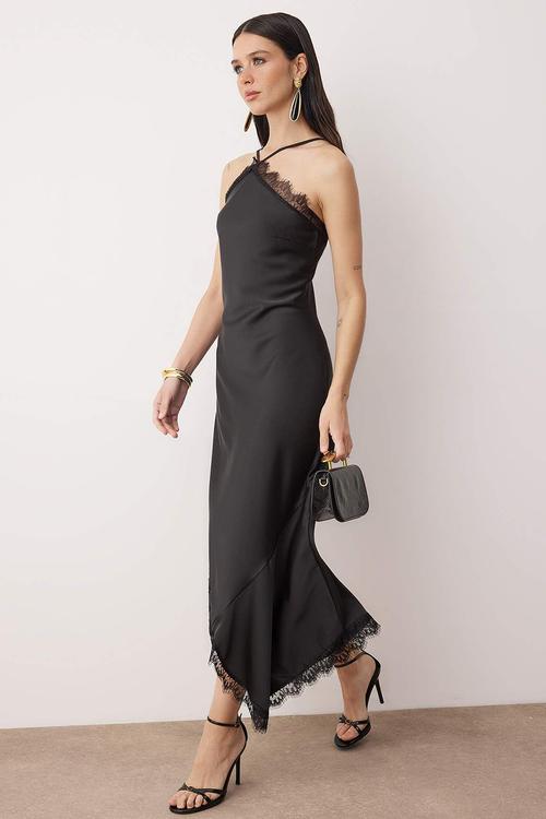 Lace Detailed Woven Satin Midi Unlined Evening Dress - Black