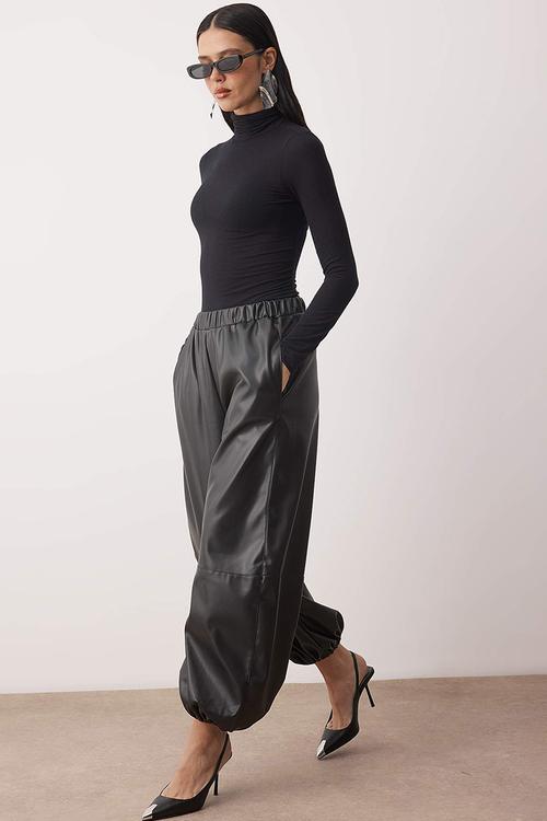 Leather Look Harem Trousers - Black