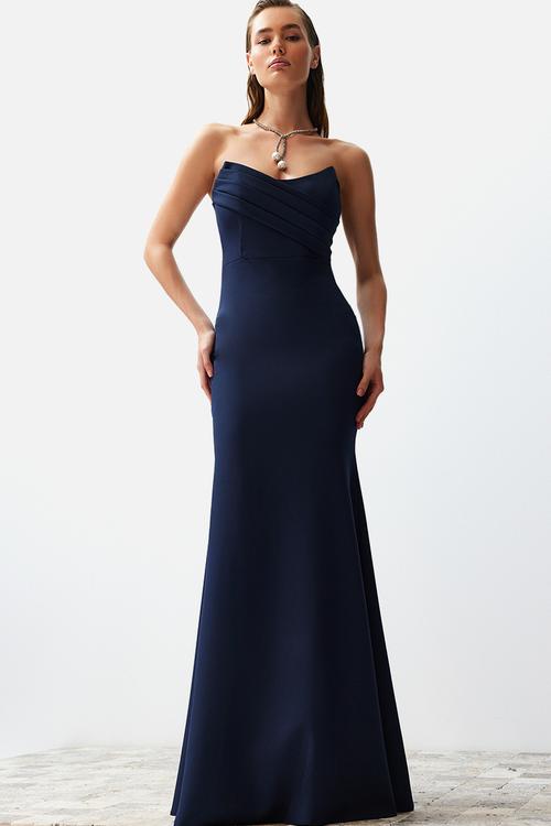 Collar Detailed Woven Long   Dress - Navy Blue