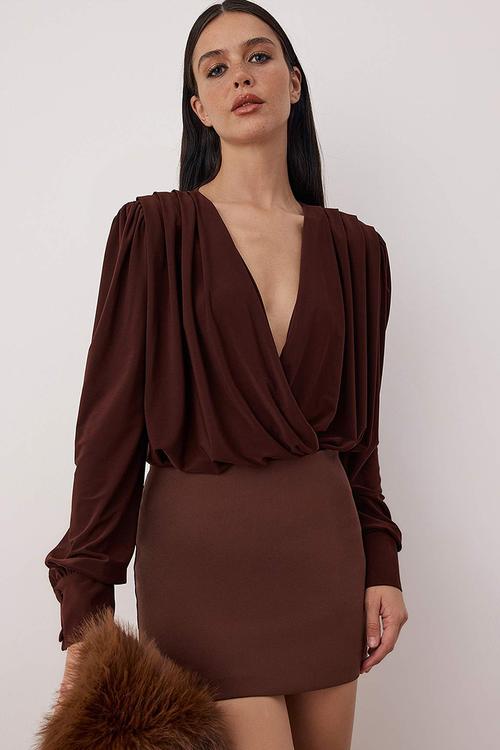 Plain V-Neck Long Padded Bodysuit - Dark Brown