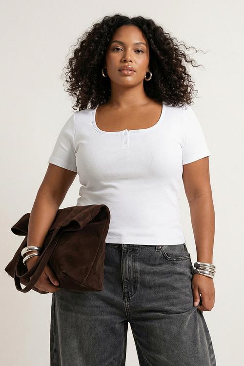 Plus Pool Collar Fitted Knitted Blouse - White