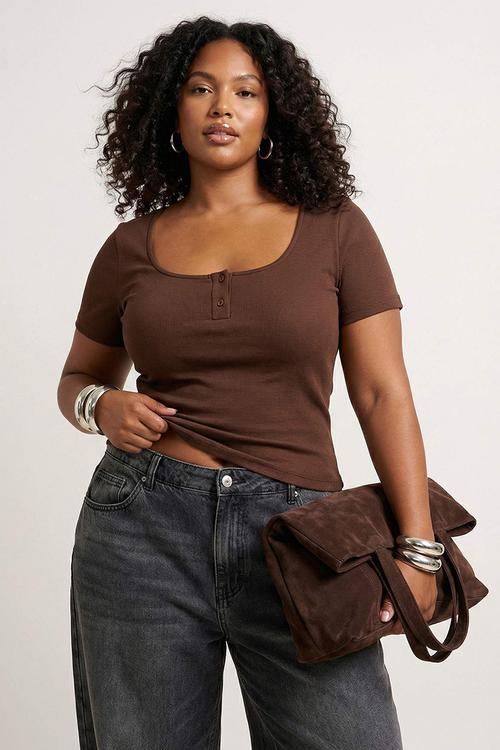 Plus Pool Collar Fitted Knitted Blouse - Brown