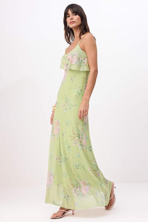 Floral A-Line Maxi Knitted Dress - Green