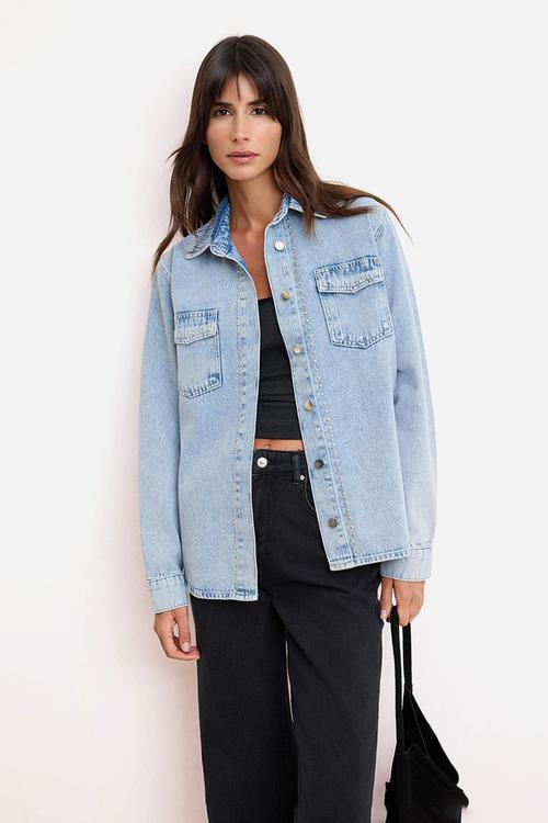 Oversized Denim Shirt Jacket with Trok Detail - Light Blue