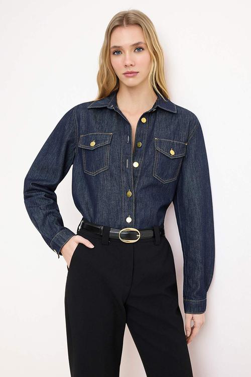 Button Detail Basic Cotton Denim Shirt - Dark Blue