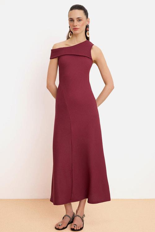 Striped A-Line Asymmetrical Textured Knitted Dress - Burgundy