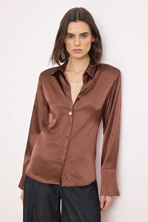 Waist-Fit Satin Shirt with Shoulder Pads - Brown