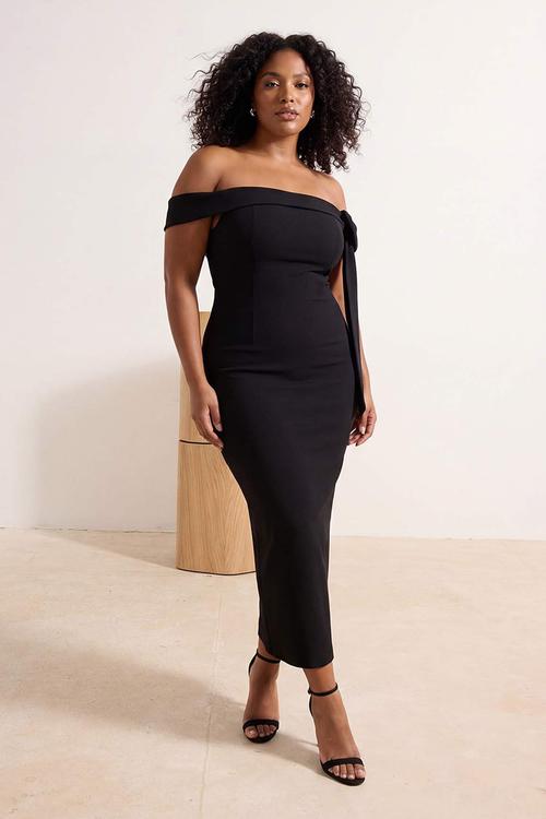 Plus Bow Detail Knitted Evening Dress Graduation Dress - Black