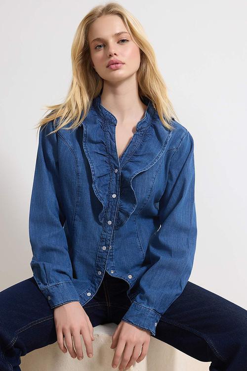 Peter Pan Collar Cotton Denim Shirt - Blue