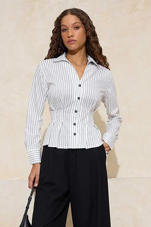 Striped Button Detail Fitted Shirt - White