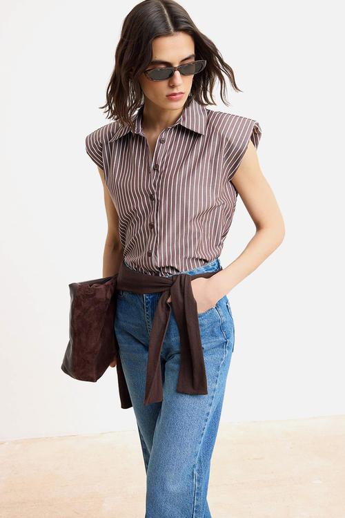 Striped Sleeveless Shirt with Shoulder Pads - Brown