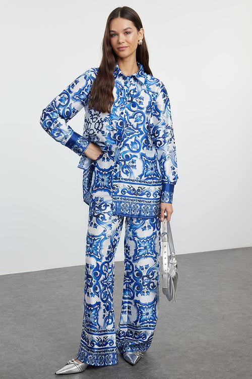 Satin Woven Patterned Top and Bottom Set - Blue