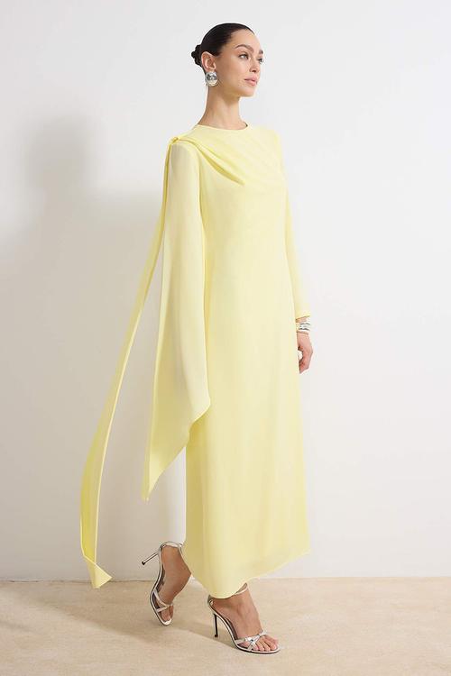Shawl Detailed Evening Dress - Yellow