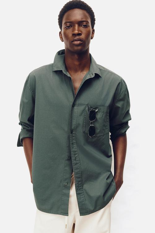 H&M Atelier: Loose fit cotton poplin shirt - dark green