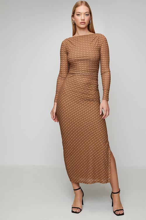 Ladies rachel bateaux neck midi dress - brown