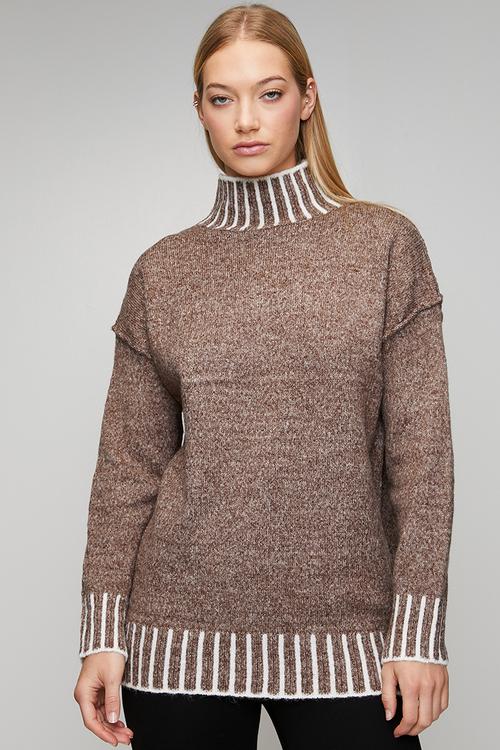 Long Sleeve Longer Length High Neck Melange Sweater - Chocolate