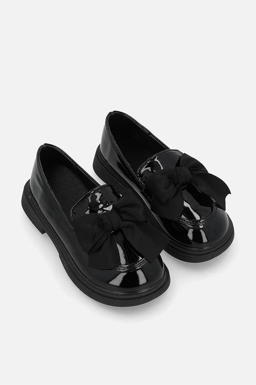 Faux leather loafers with bow details - black