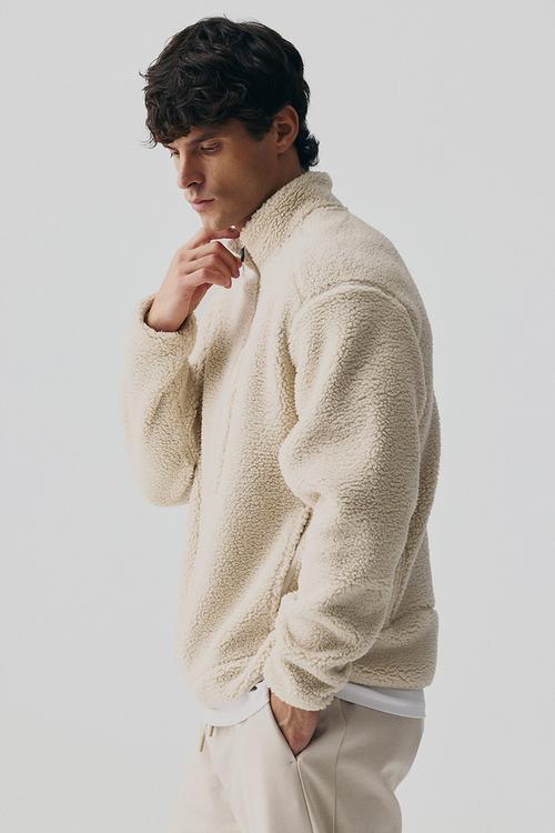 Regular fit teddy sports jacket - beige