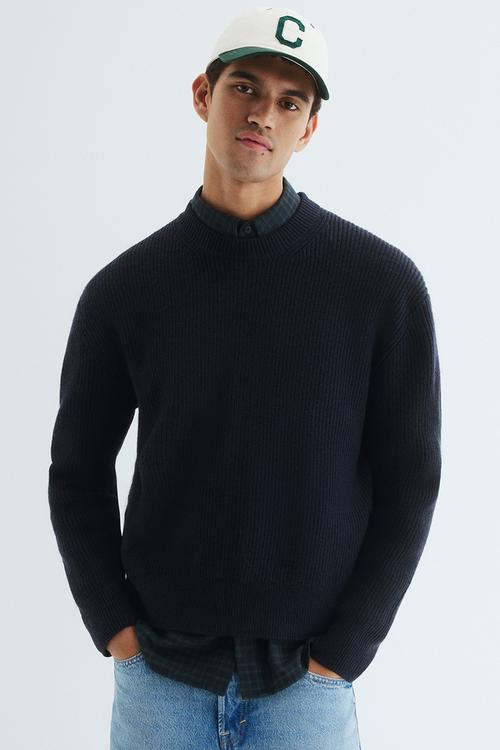 Loose fit rib-knit jumper - navy blue