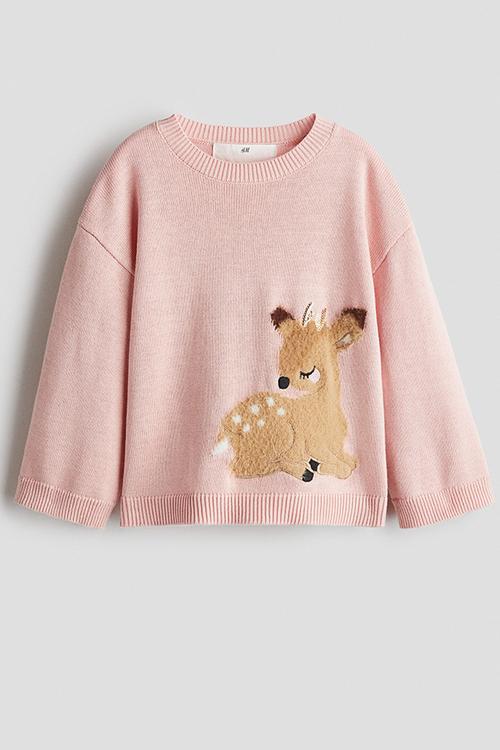 Jacquard-knit cotton jumper - light pink/deer