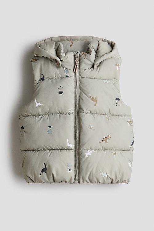 Hooded puffer gilet - light dusty green/dinosaurs