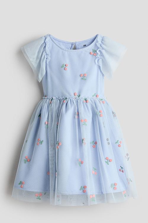 Printed tulle dress - light blue/cherries
