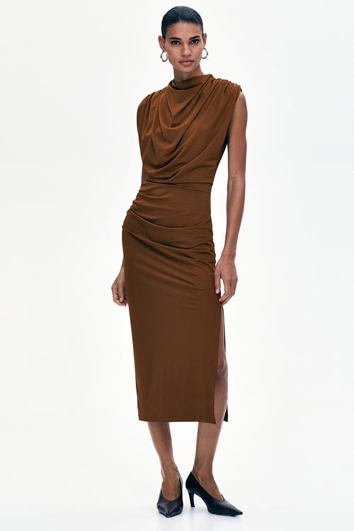 Draped midi dress - brown