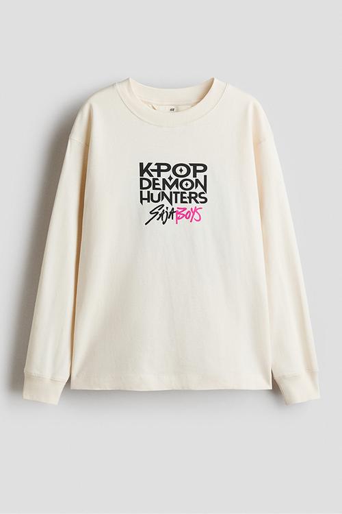 Motif-detail long-sleeved T-shirt - cream/demon hunters