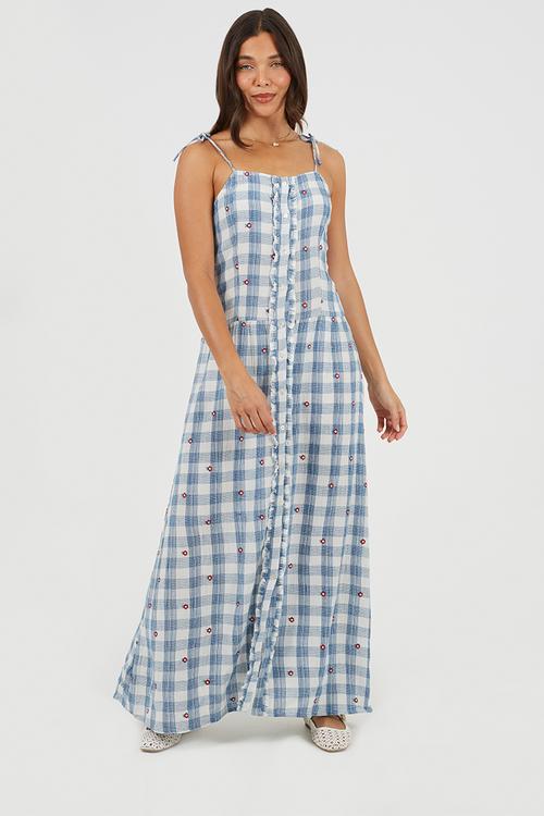 Ladies Button Front Maxi Dress With Embroidery Details - Blue/White