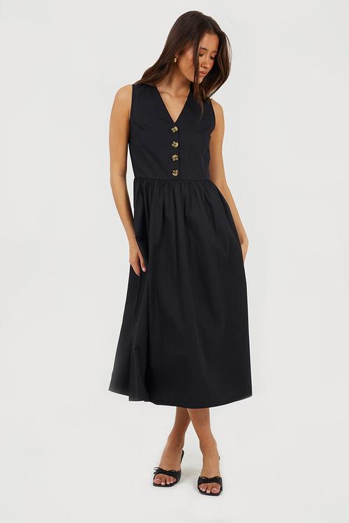 Ladies Sleeveless V Neck Button Down Midi Dress - Black