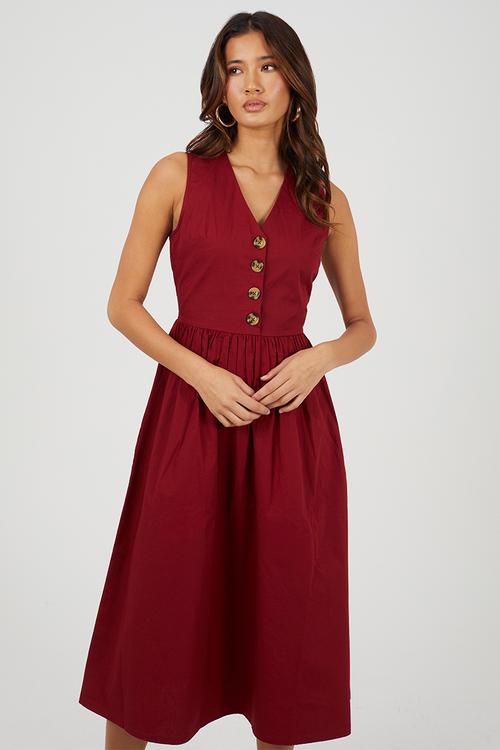Ladies Sleeveless V Neck Button Down Midi Dress - Red